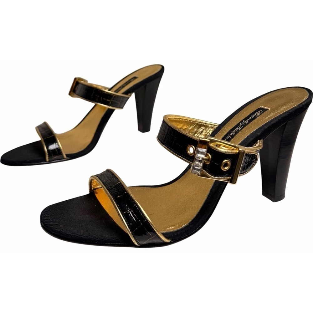 Beverly Feldman Black‎ Gold Croc Patent Mule Heels Ankle Strap Party 8.5 - Picture 10 of 10